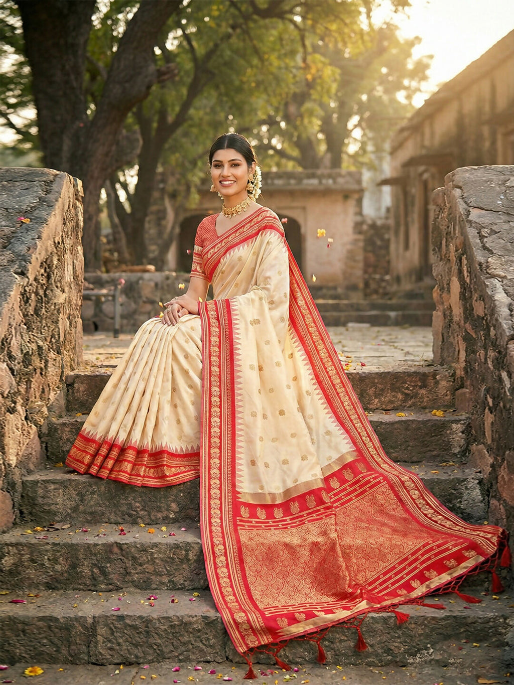Cream Soft Silk Saree with Coordinating Blouse Piece