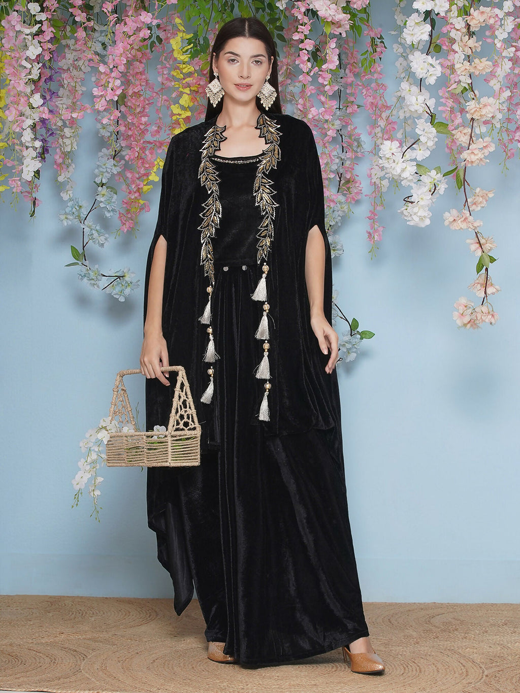 Black Hand Embellished Velvet Cape with Inner and Skirt Set