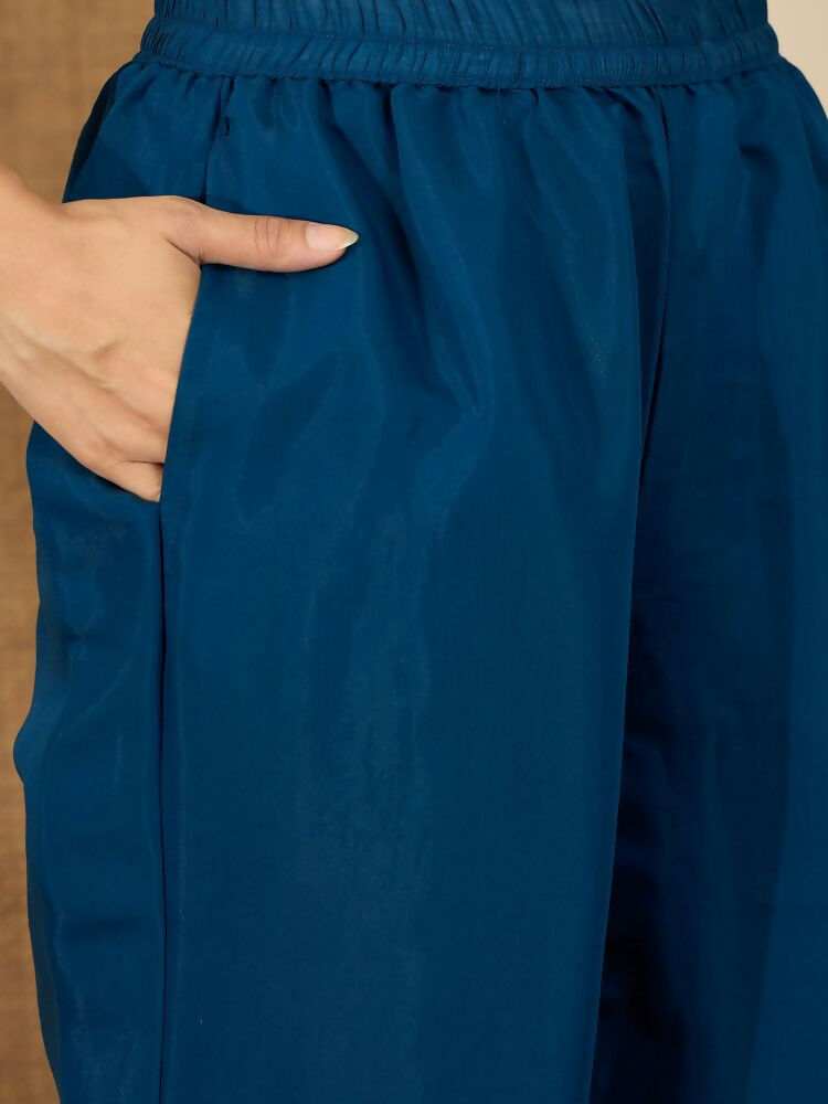 Blue Roman Silk Embroidered Kurta Set with Shirt Collar