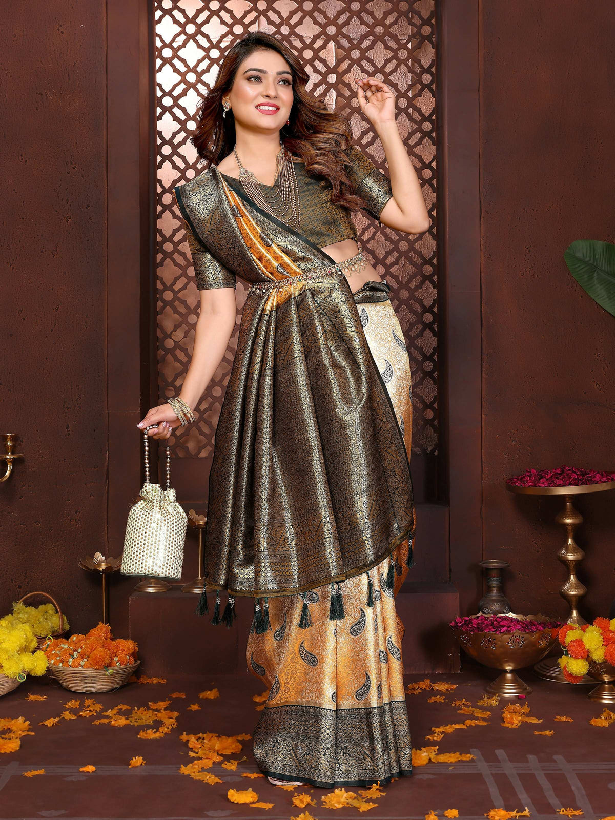 Mustard Tissue Silk Saree with Intricate Weaving Detail