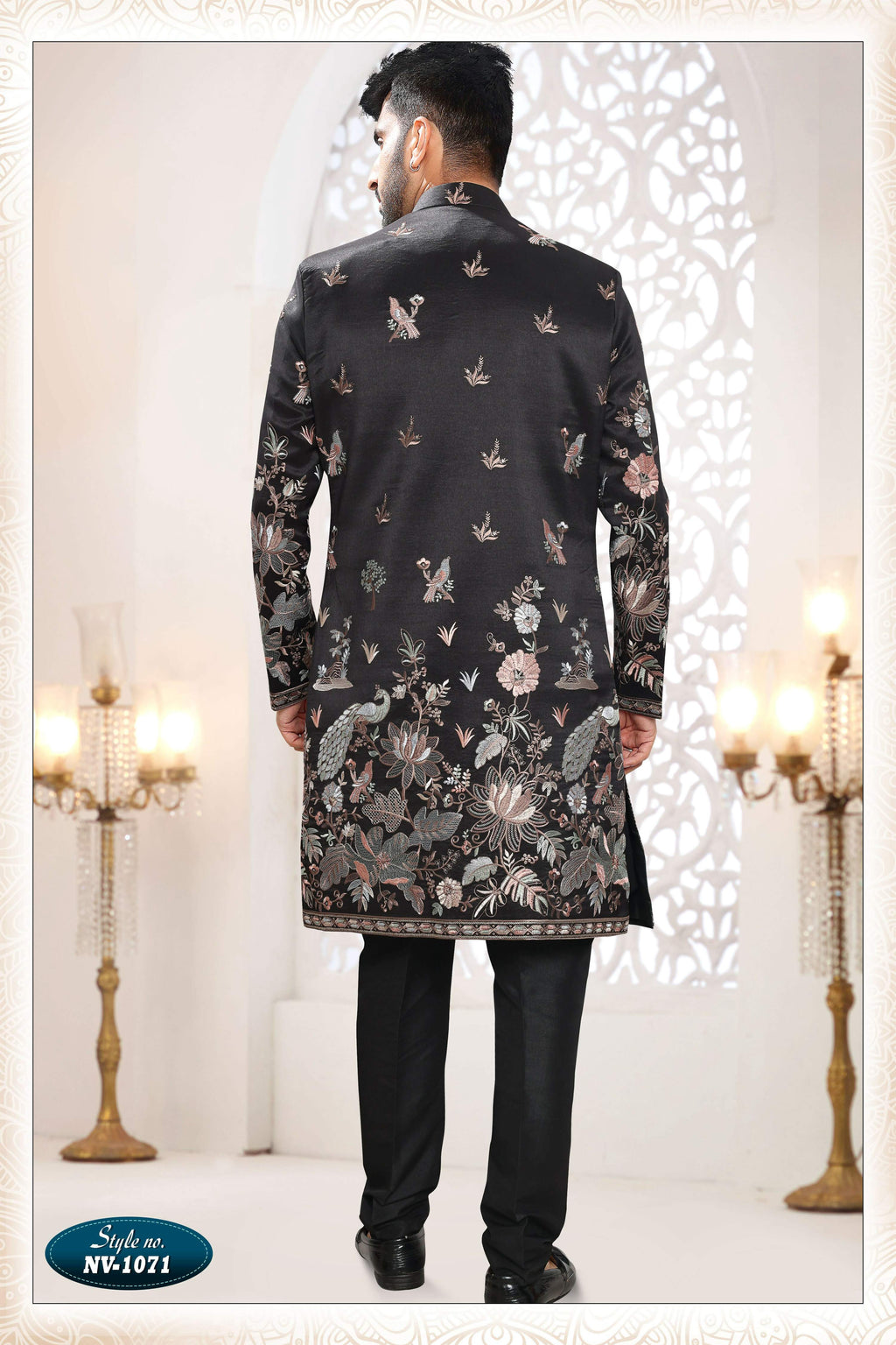 Men's Black Silk Straight Kurta Set with Sequence Embroidery