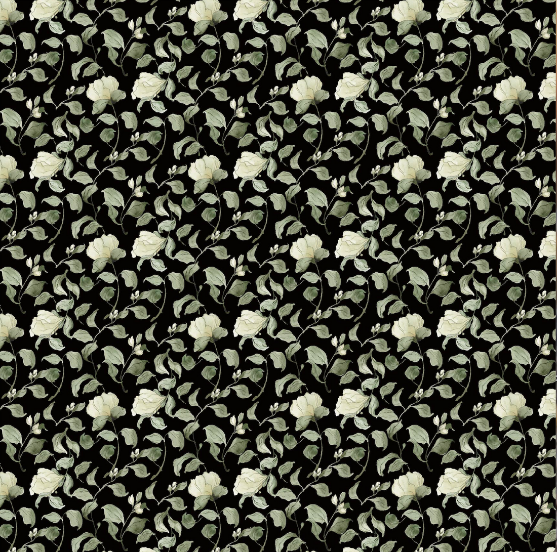 Lancaster Floral Wallpaper in White, Green, Cream, and Black