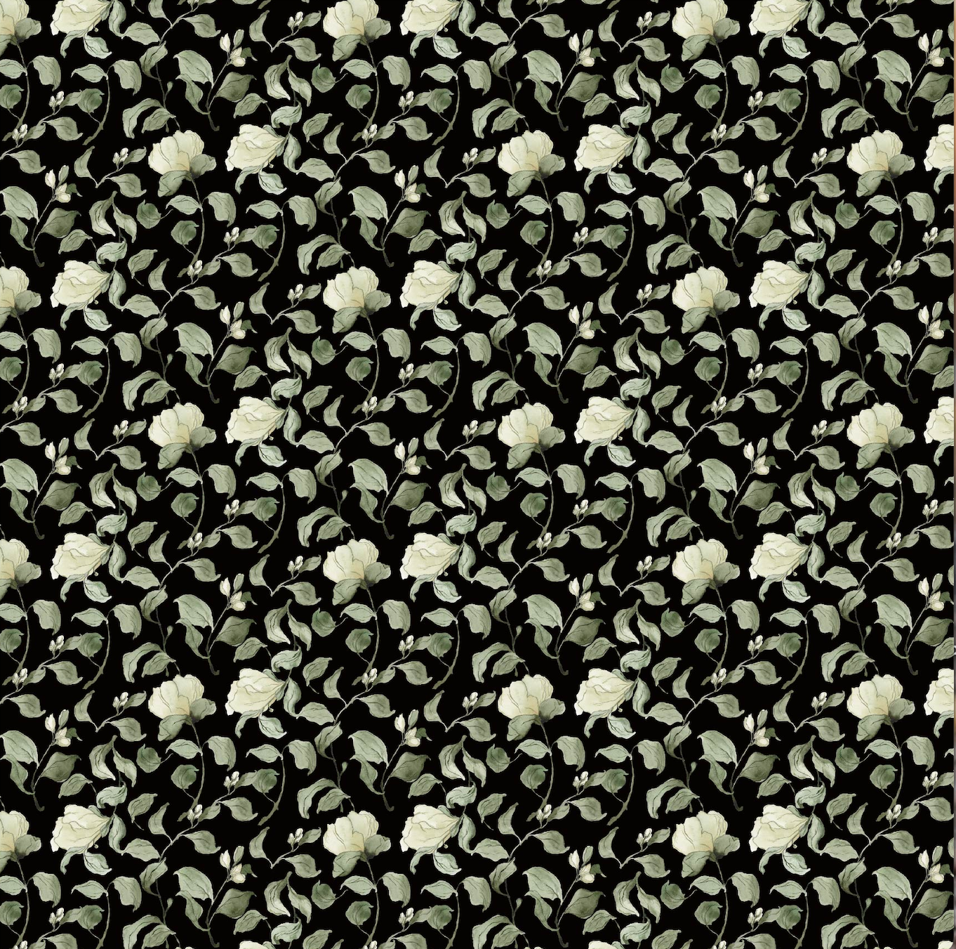 Lancaster Floral Wallpaper in White, Green, Cream, and Black