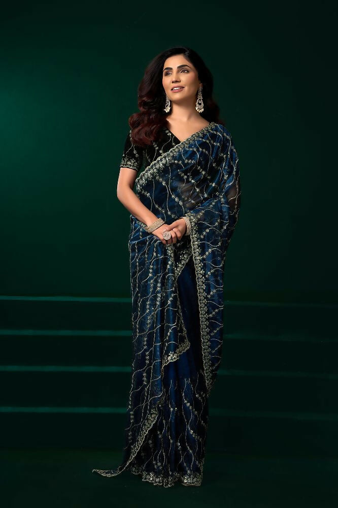 Navy Blue Net Party Wear Saree with Black Velvet Blouse Set