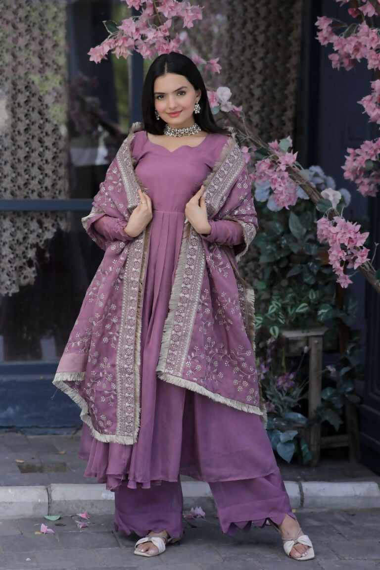 Onion Pink Tabby Silk A-Line Kurta Set with Plazo and Dupatta