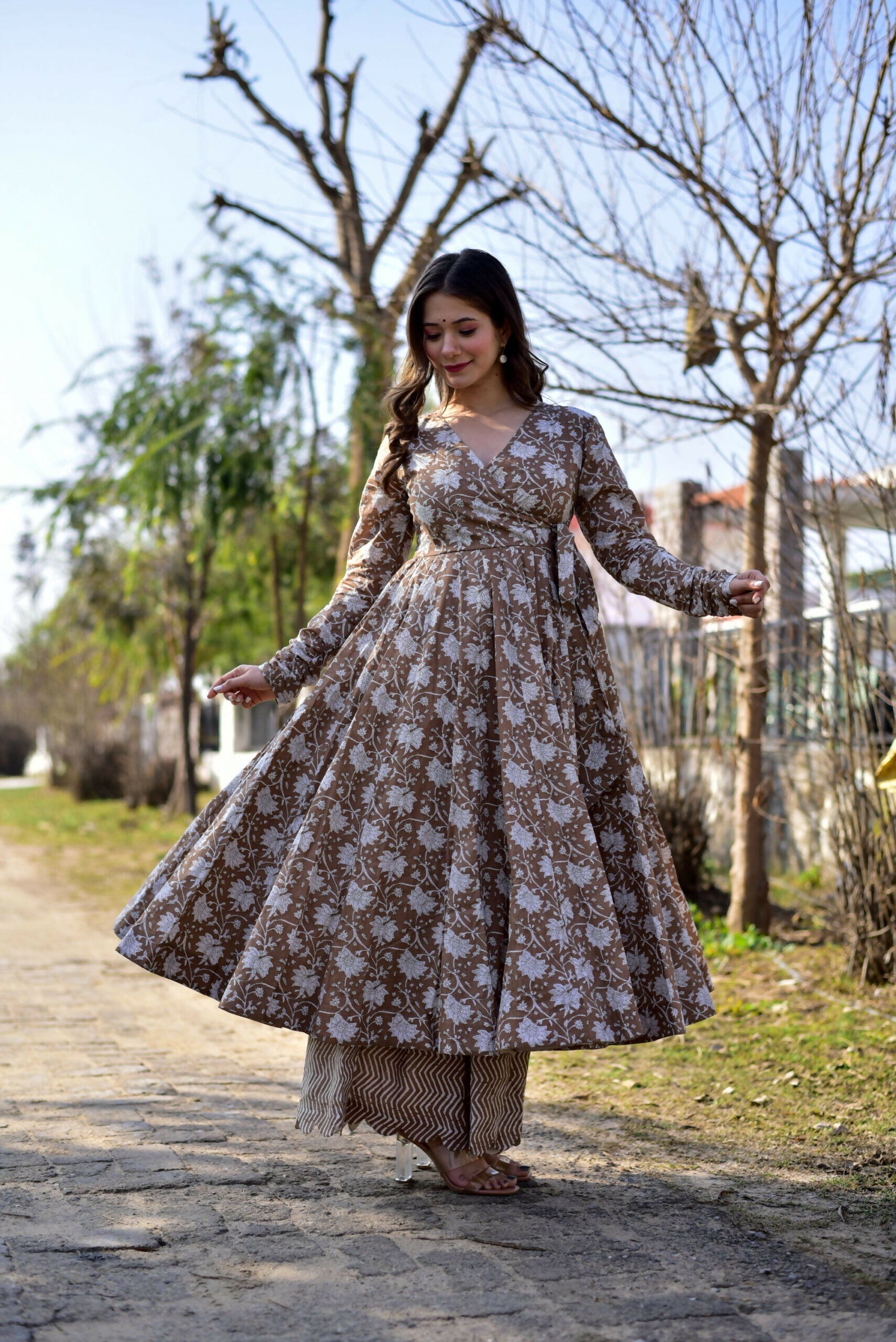 Women's Coffee Cotton Silk Digital Printed Kurta Palazzo Set