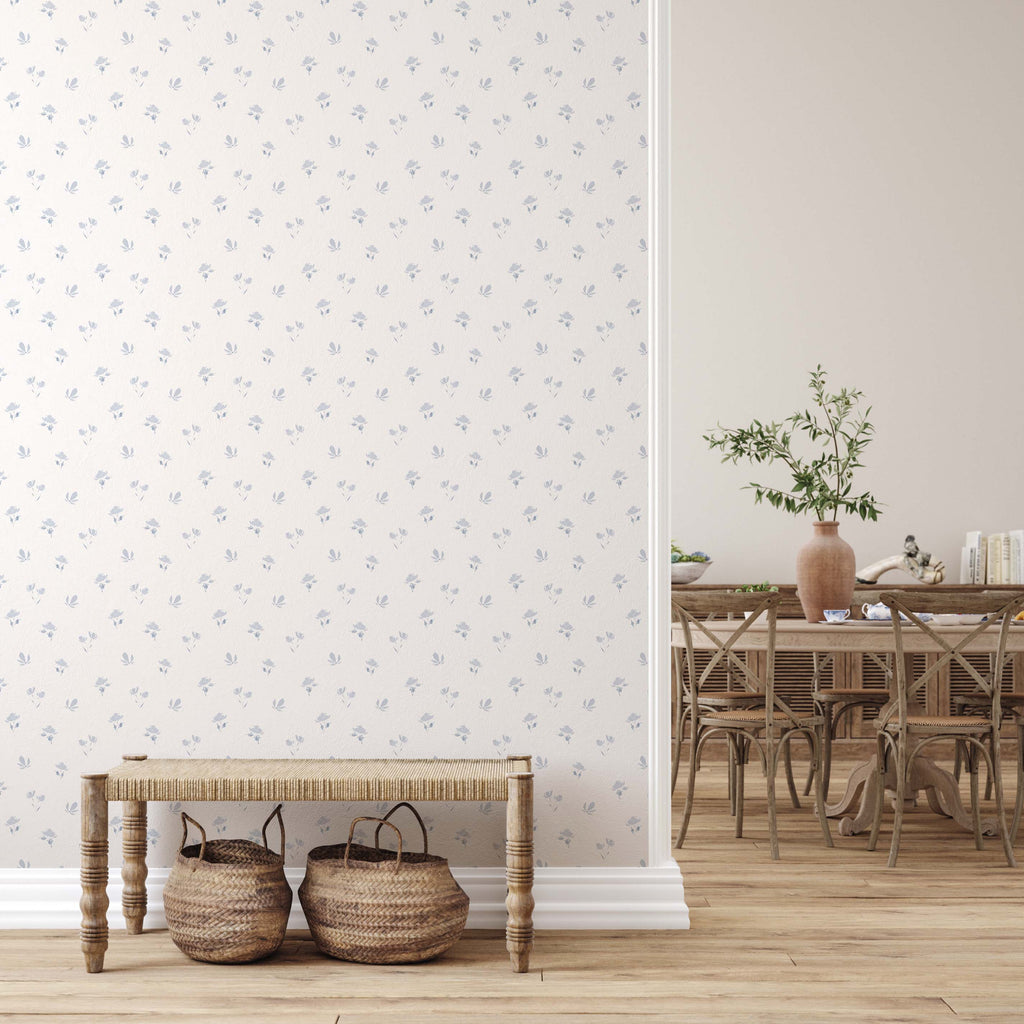 Imogen Floral Removable Wallpaper in Blue, Pink, and White