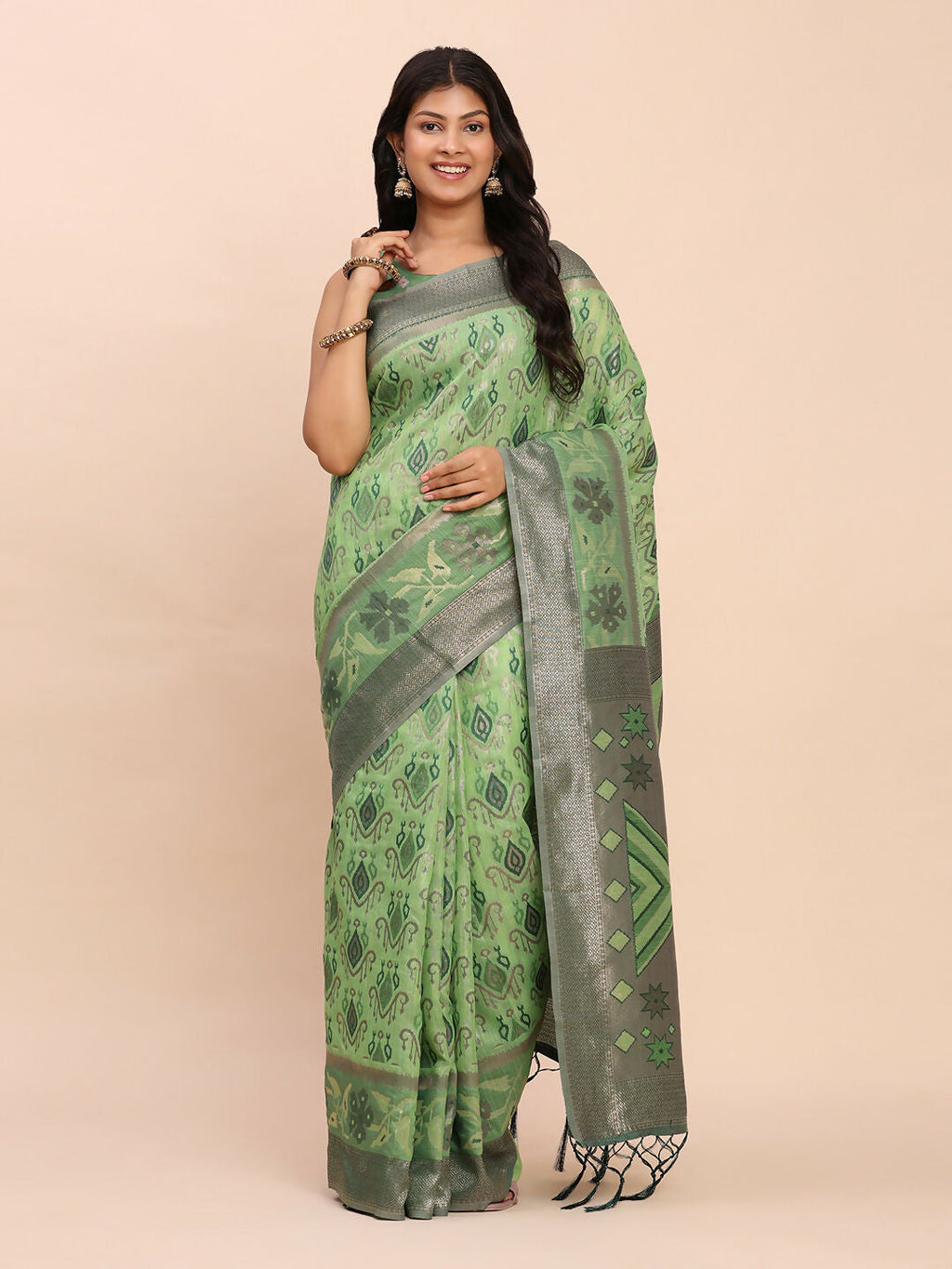 Green Linen Cotton Saree with Matching Blouse Piece