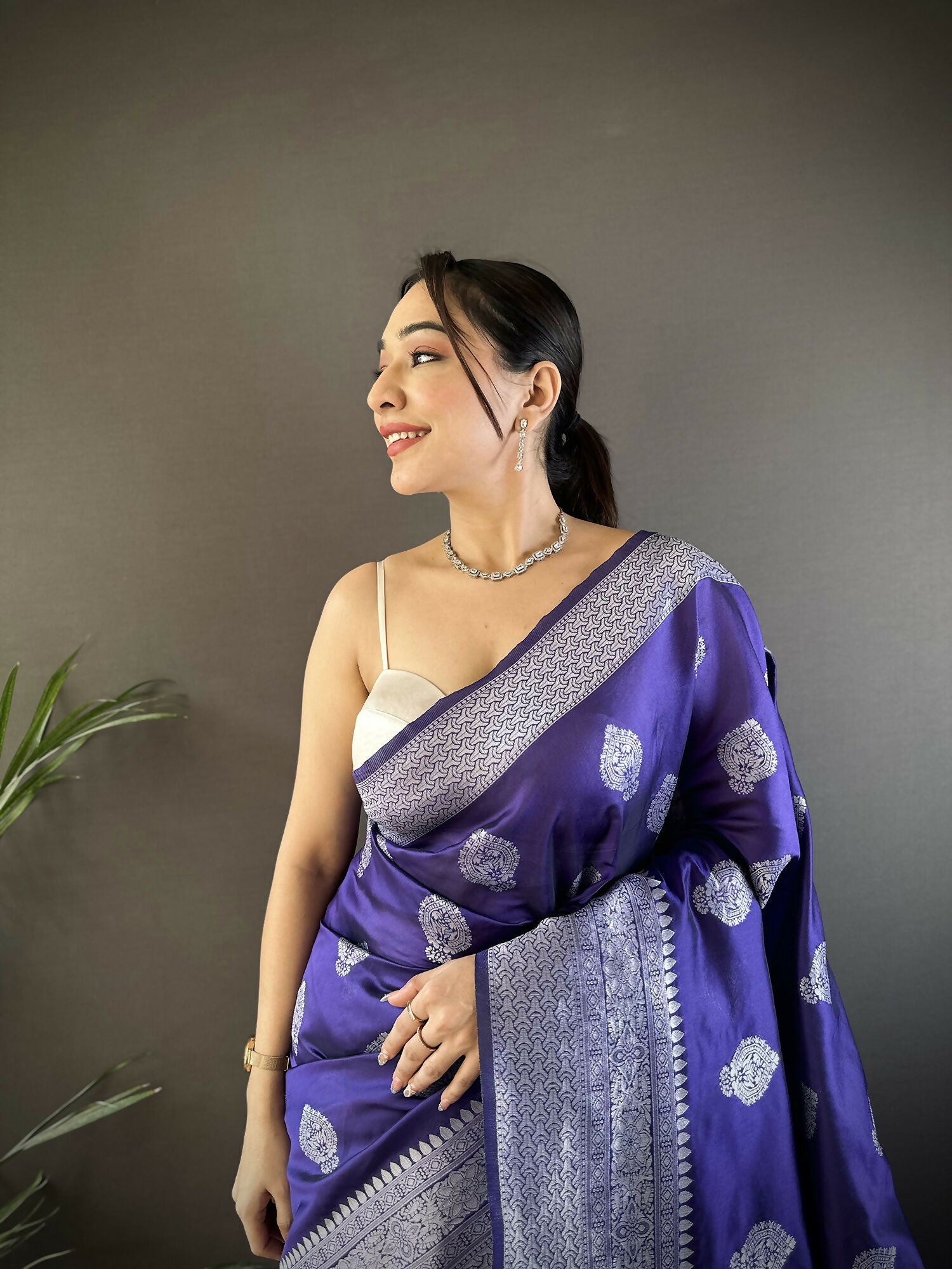 Royal Blue Floral Soft Silk Banarasi Saree with Matching Blouse