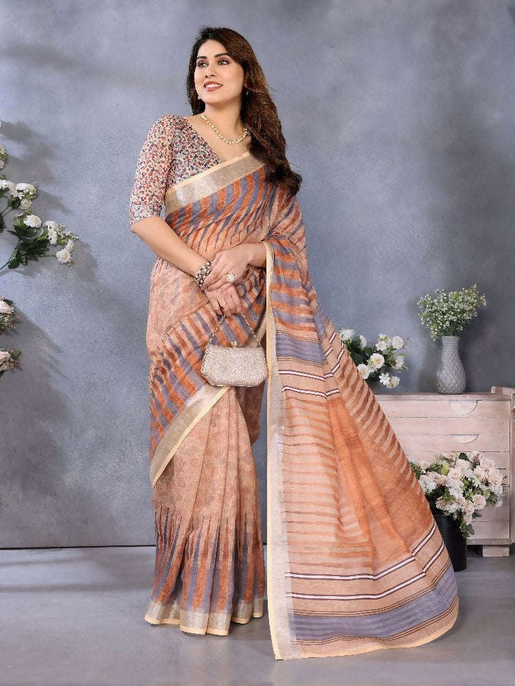 Brown handloom linen cotton saree showcasing a clean, minimalist drape