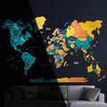 3D luminous wooden world map with blue and yellow accents glowing in the dark