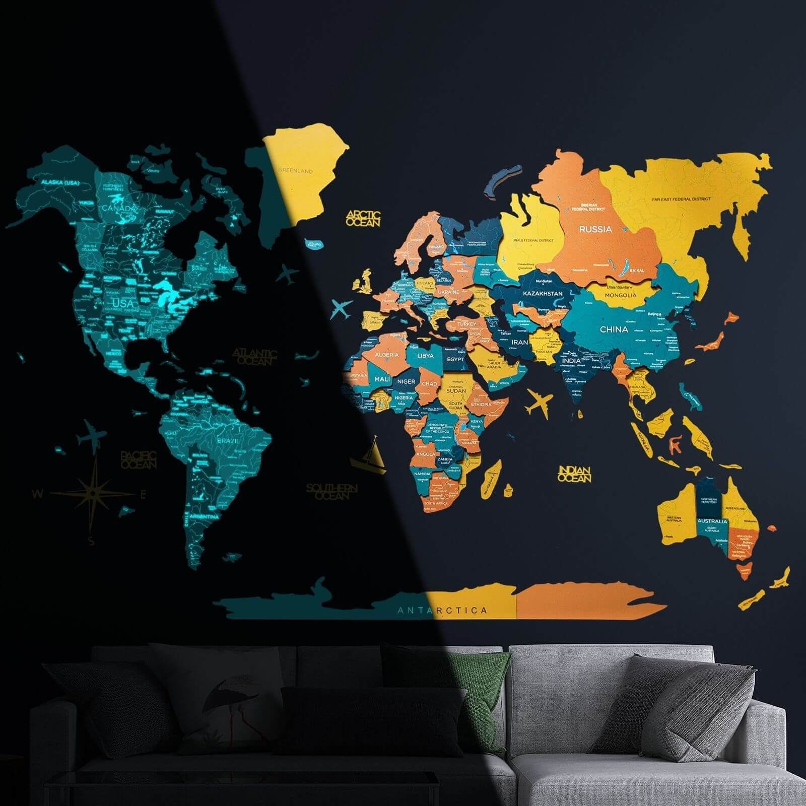 3D luminous wooden world map with blue and yellow accents glowing in the dark