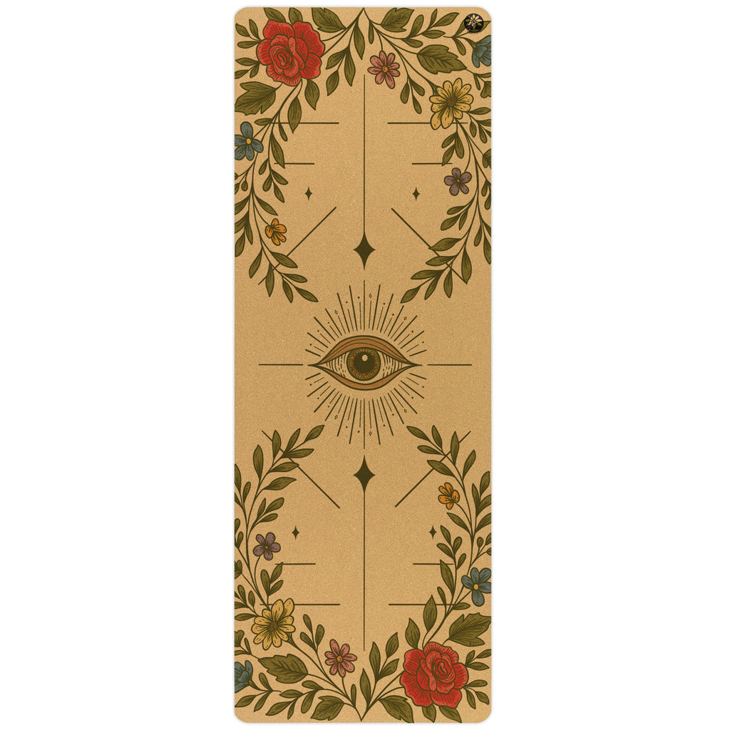 Infinite Bloom Aura yoga mat with abstract forest-green and cork-tan design