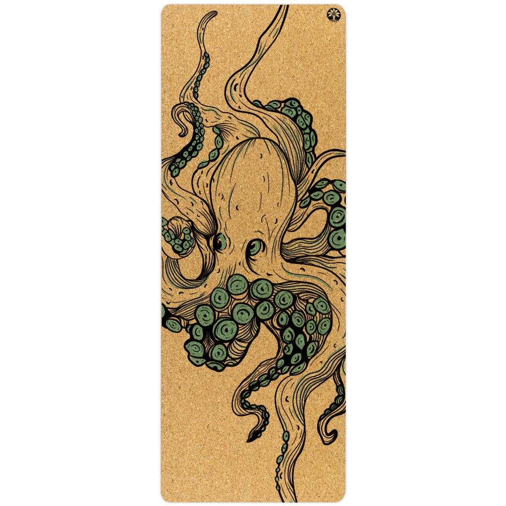 Nomad cork yoga mat with abstract pattern in cork-brown and forest-green.