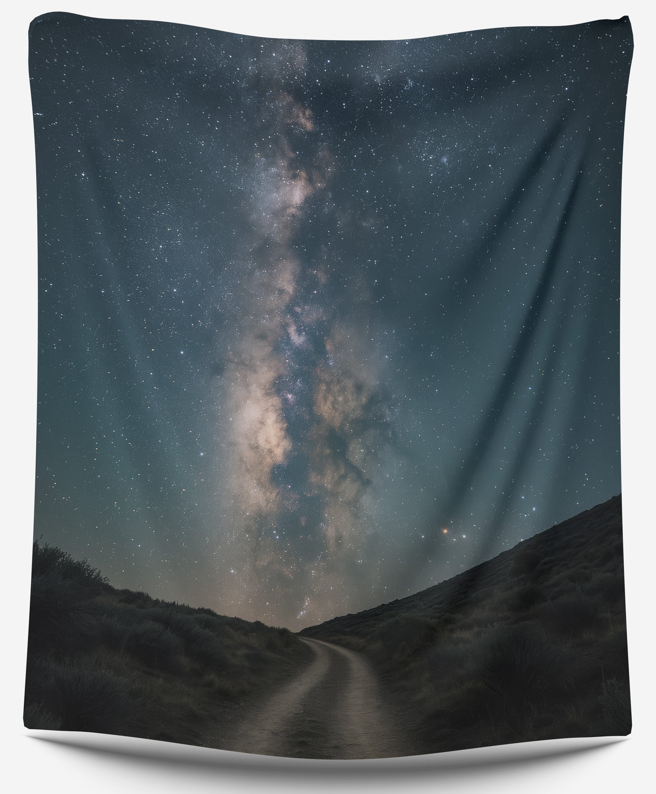 Tapestry depicting a winding dirt path transitioning into a glowing Milky Way night sky