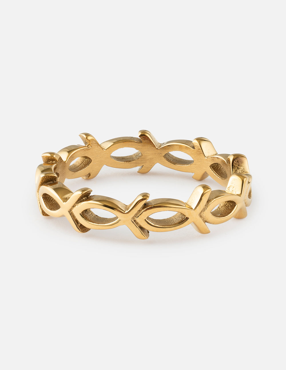 Infinity Jesus Fish ring featuring an Ichthys symbol design in a polished finish.