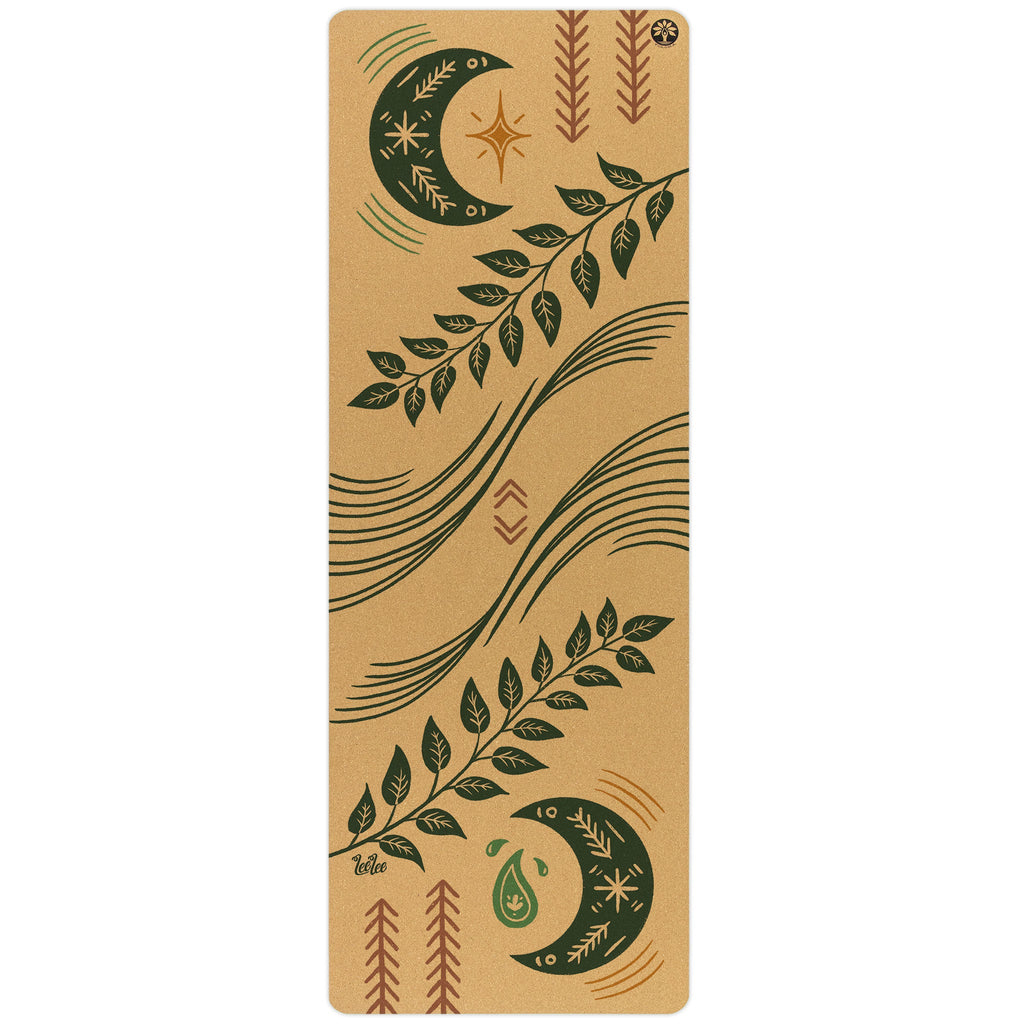 Aura Cork Yoga Mat in brown and forest green with abstract pattern