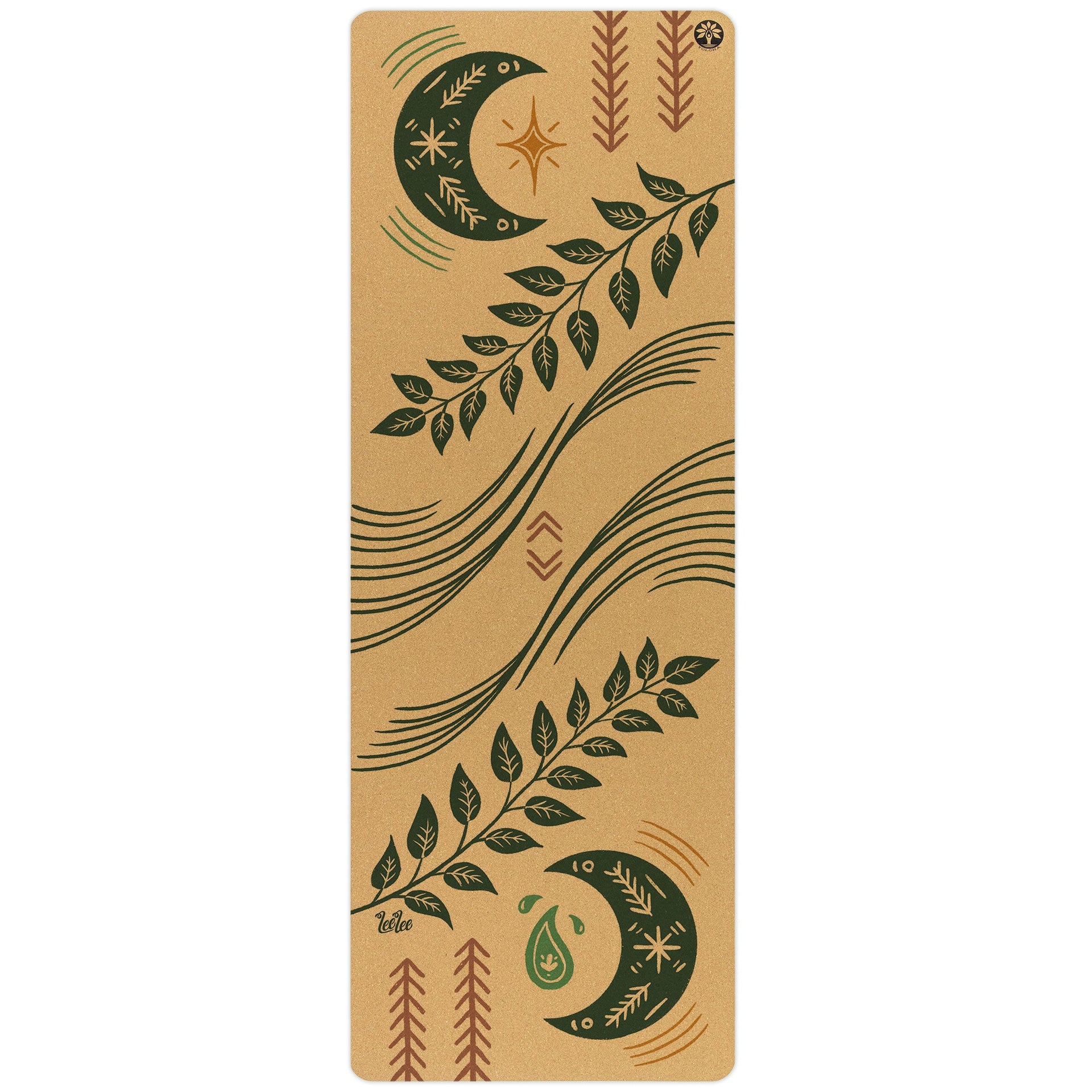 Aura Cork Yoga Mat in brown and forest green with abstract pattern