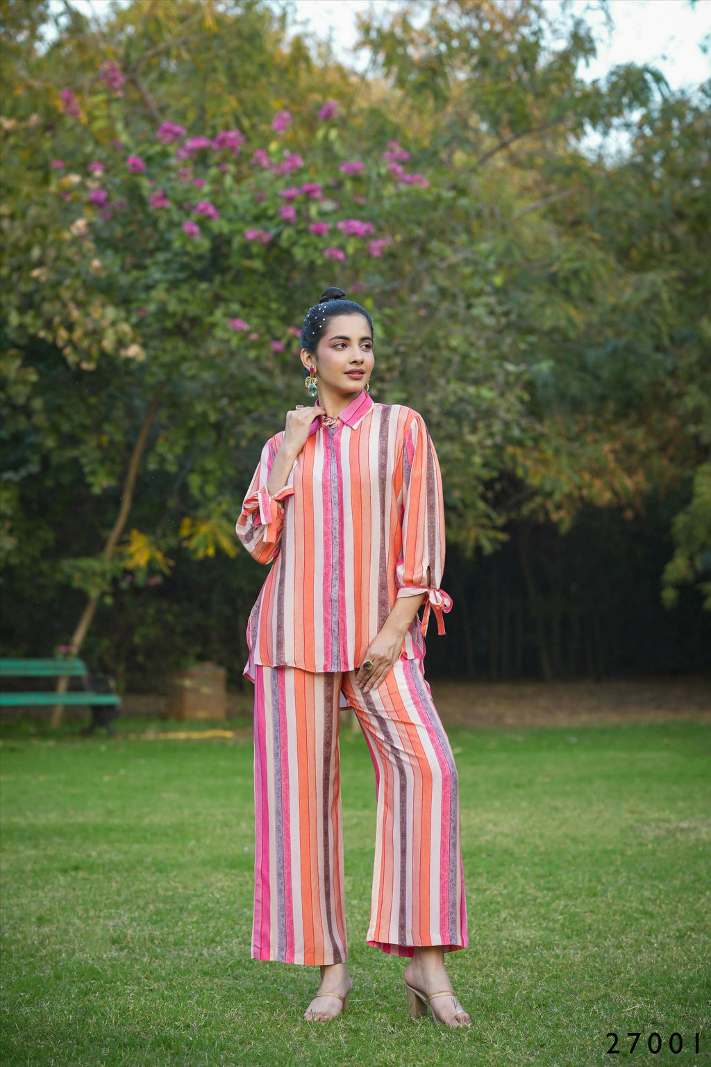 Model wearing a Multi-colored Mull Cotton Anya co-ord set featuring a matching top and pants.