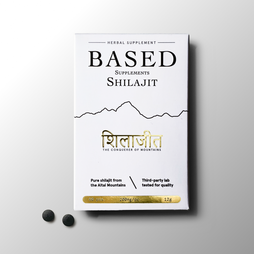 White box of Based Supplements Shilajit tablets with gold text and two tablets on a white background