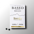 White box of Based Supplements Shilajit tablets with gold text and two tablets on a white background