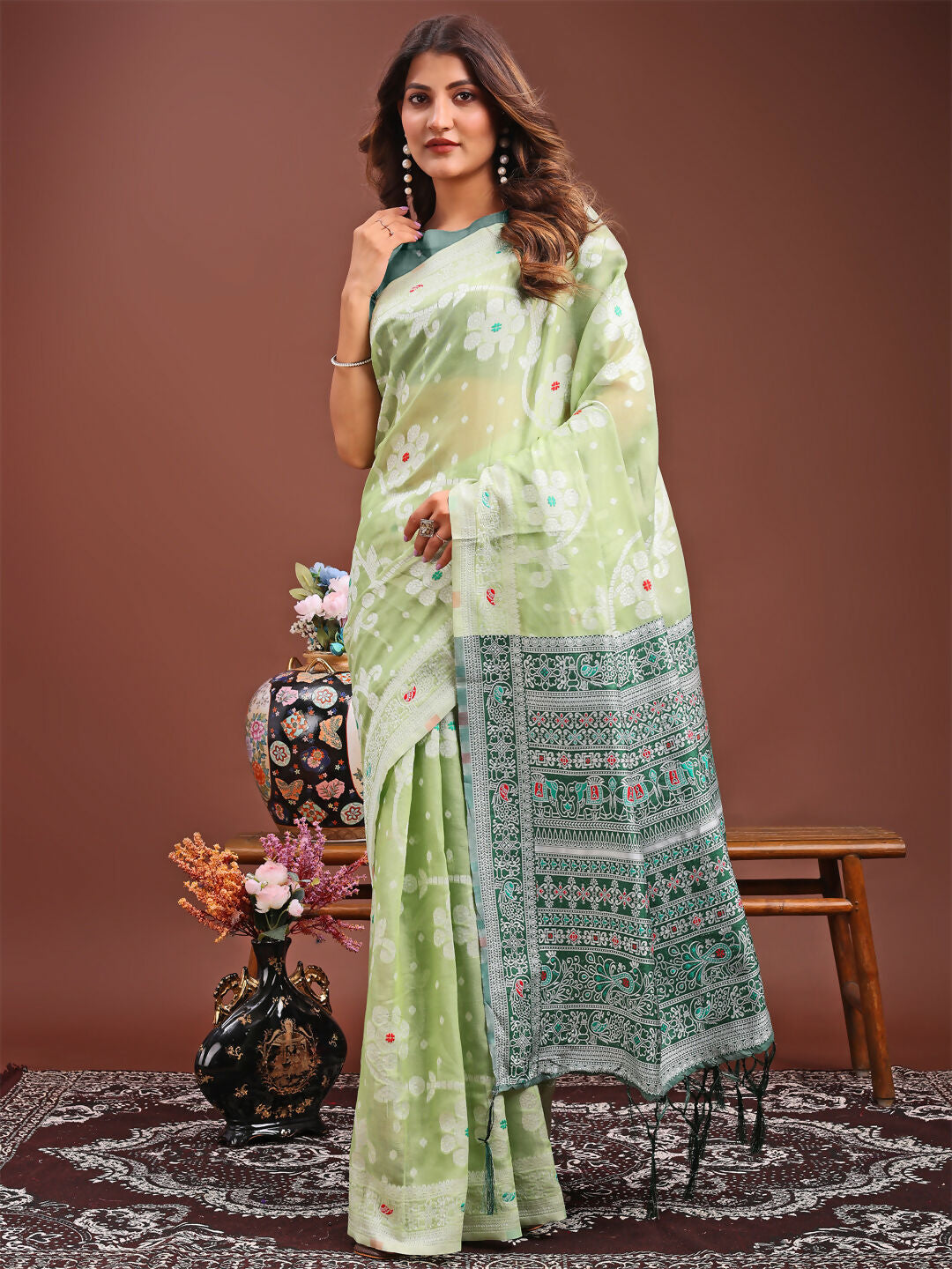 Anaya Light Green Linen Cotton Saree with Matching Blouse Piece