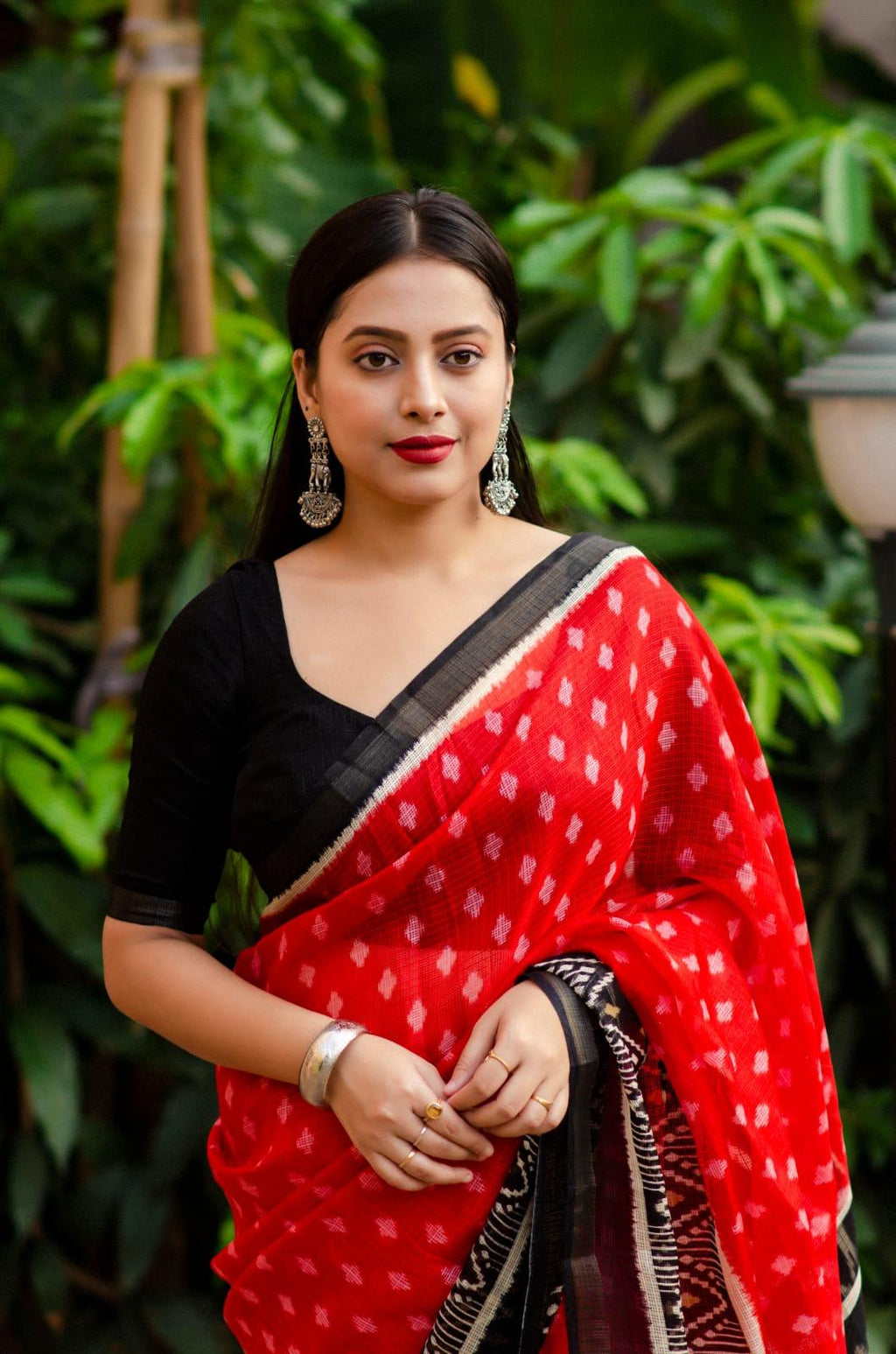 Red Polycotton Ikkat Style Saree with Zari Pattu Border