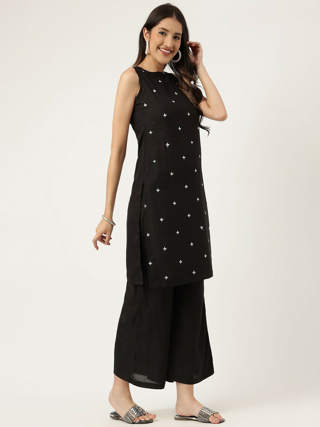 Black Rayon Straight Kurta and Bottom Set with Embroidered Work