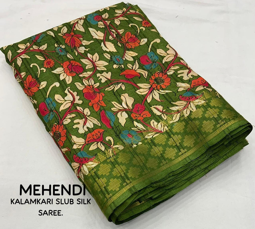 Mehndi Slub Silk Kalamkari Saree with Floral Print & Zari Border