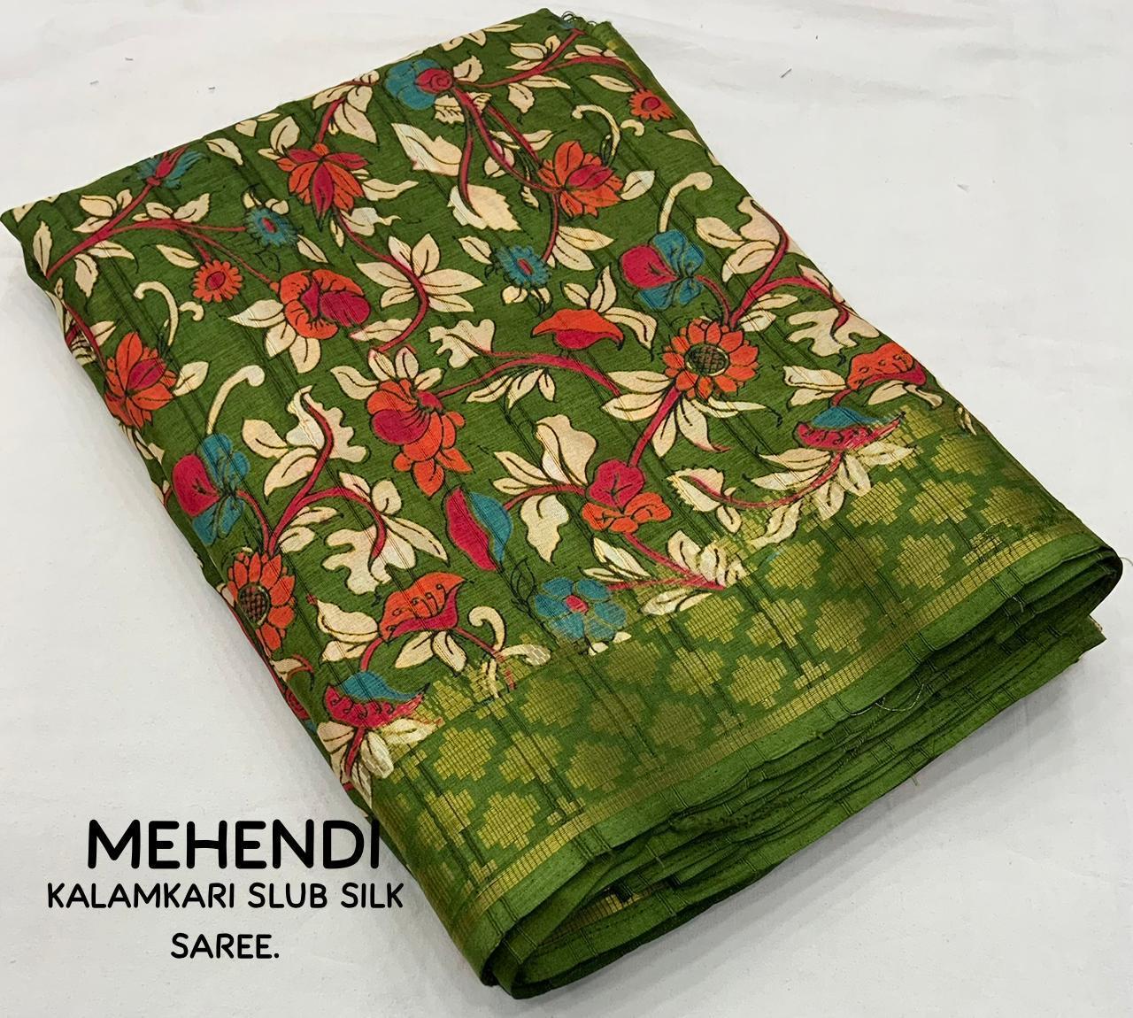 Mehndi Slub Silk Kalamkari Saree with Floral Print & Zari Border