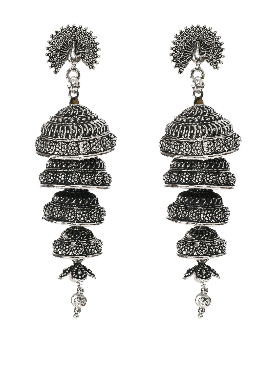 Silver color earrings with an intricate peacock design