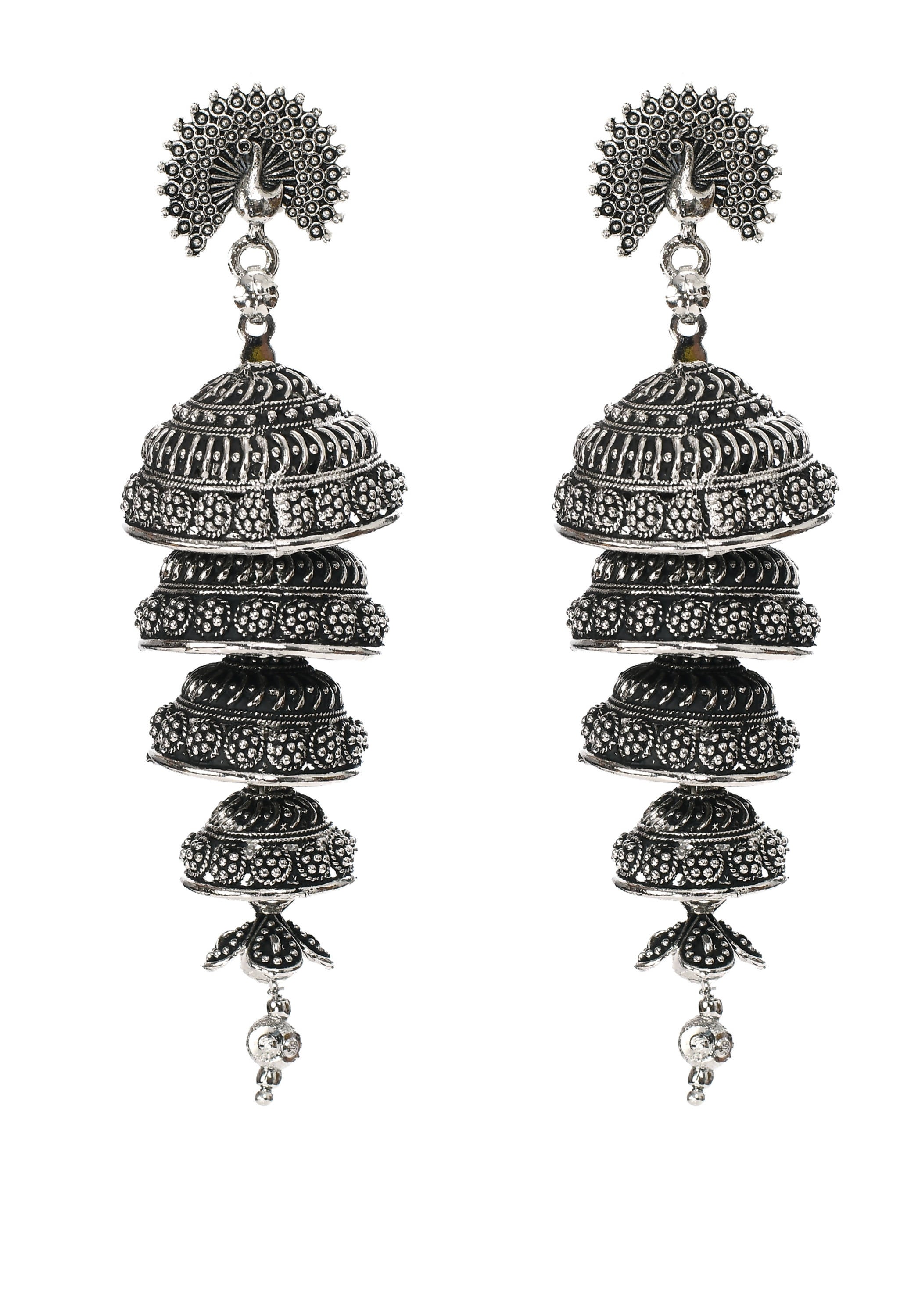 Silver color earrings with an intricate peacock design