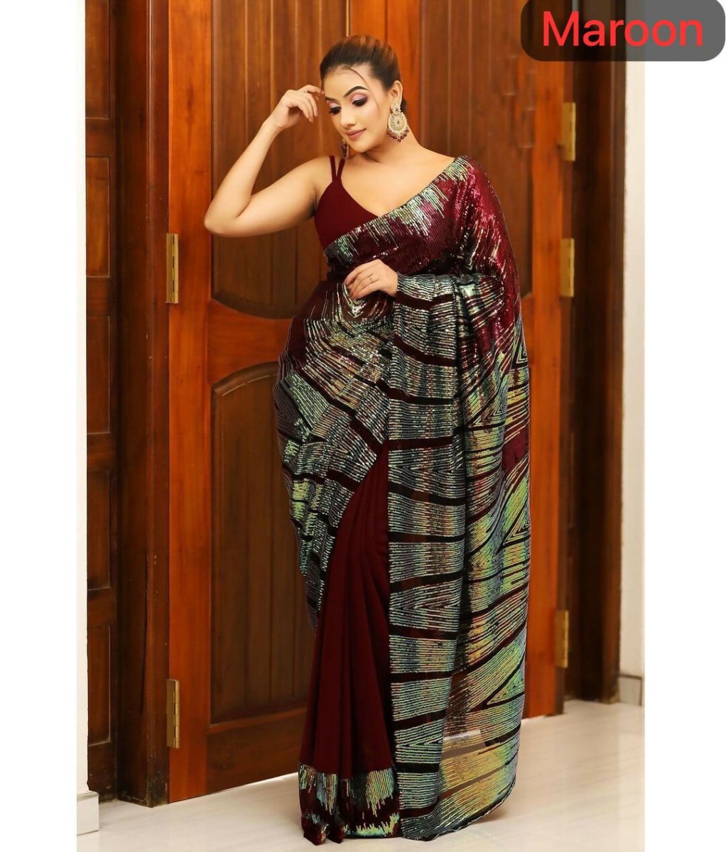 Maroon georgette saree with sequin detailing and Banglori silk blouse