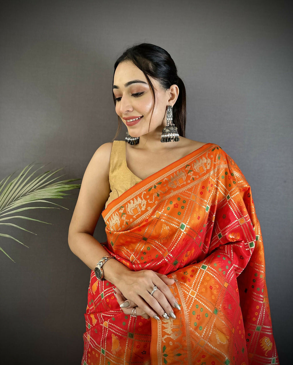 Orange Soft Silk Patola Saree with Geometric Pattern & Blouse