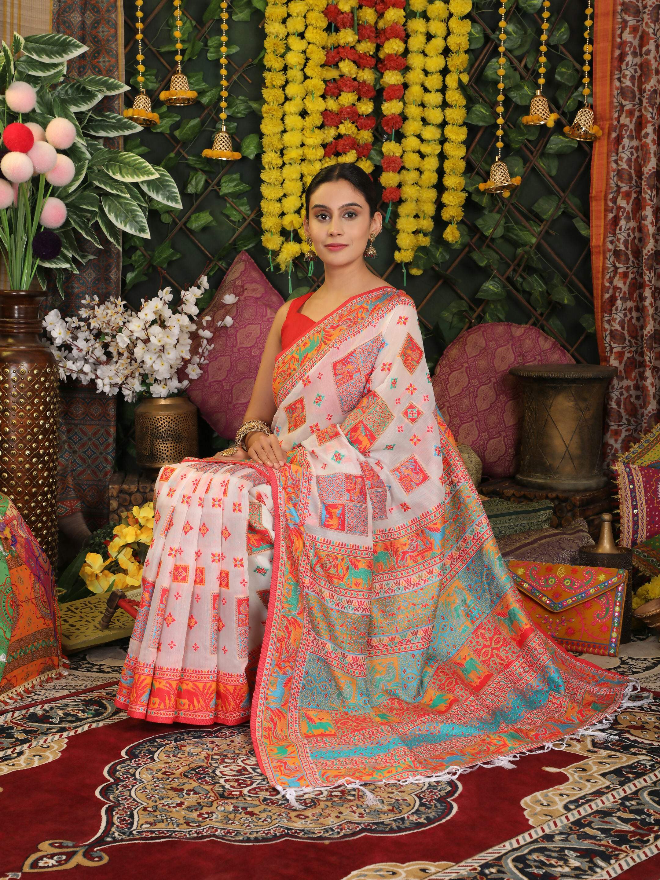 White Linen Cotton Saree with Matching Blouse for Minimalists