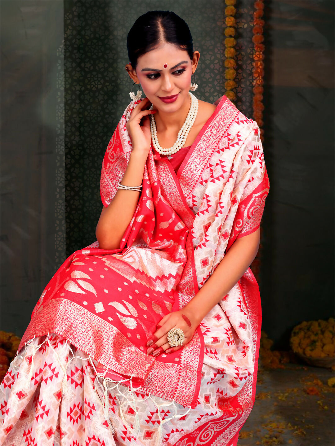 Devistuti Red & White Linen Cotton Saree with Matching Blouse
