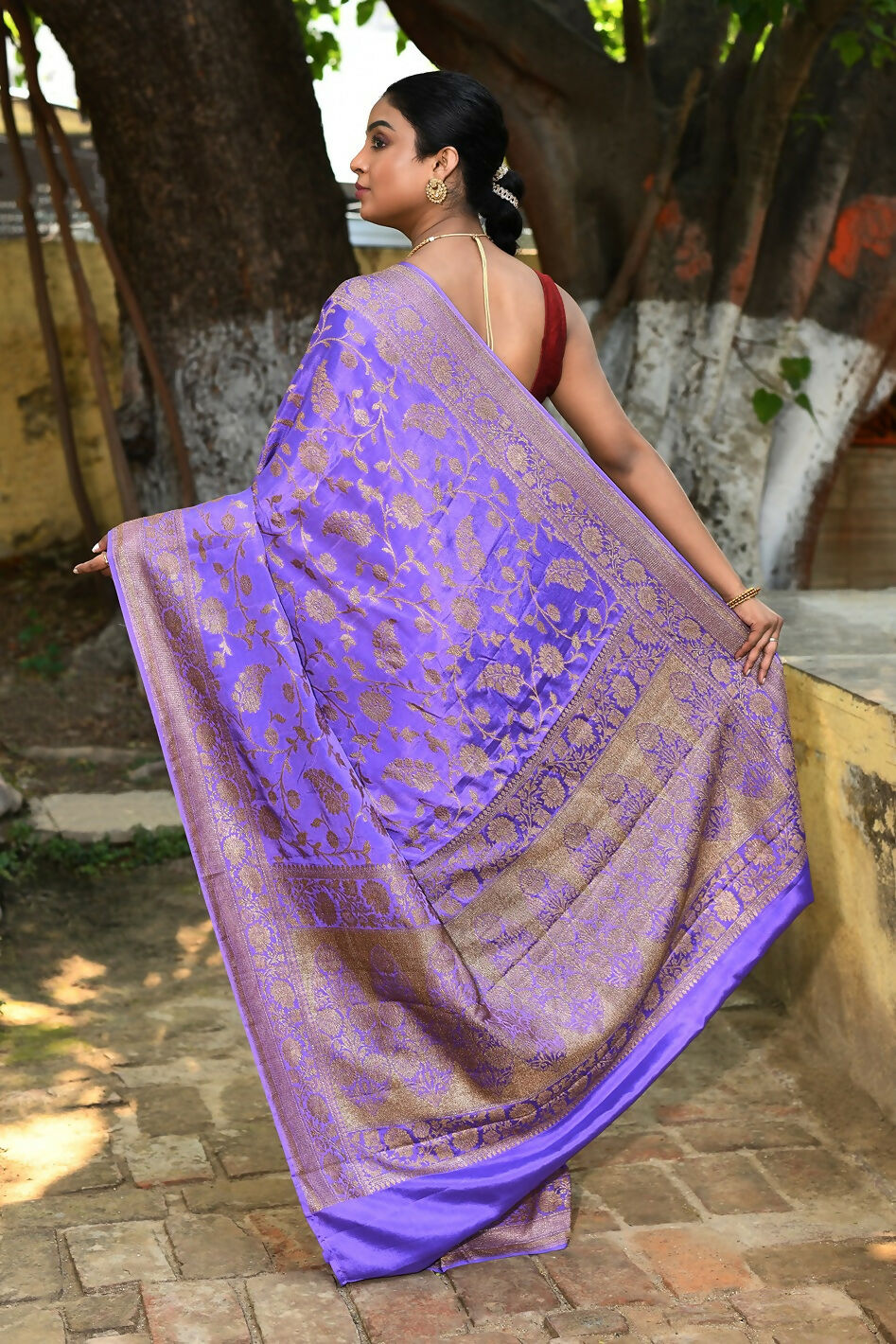 Dark Lilac Crepe Chiffon Banarasi Silk Saree
