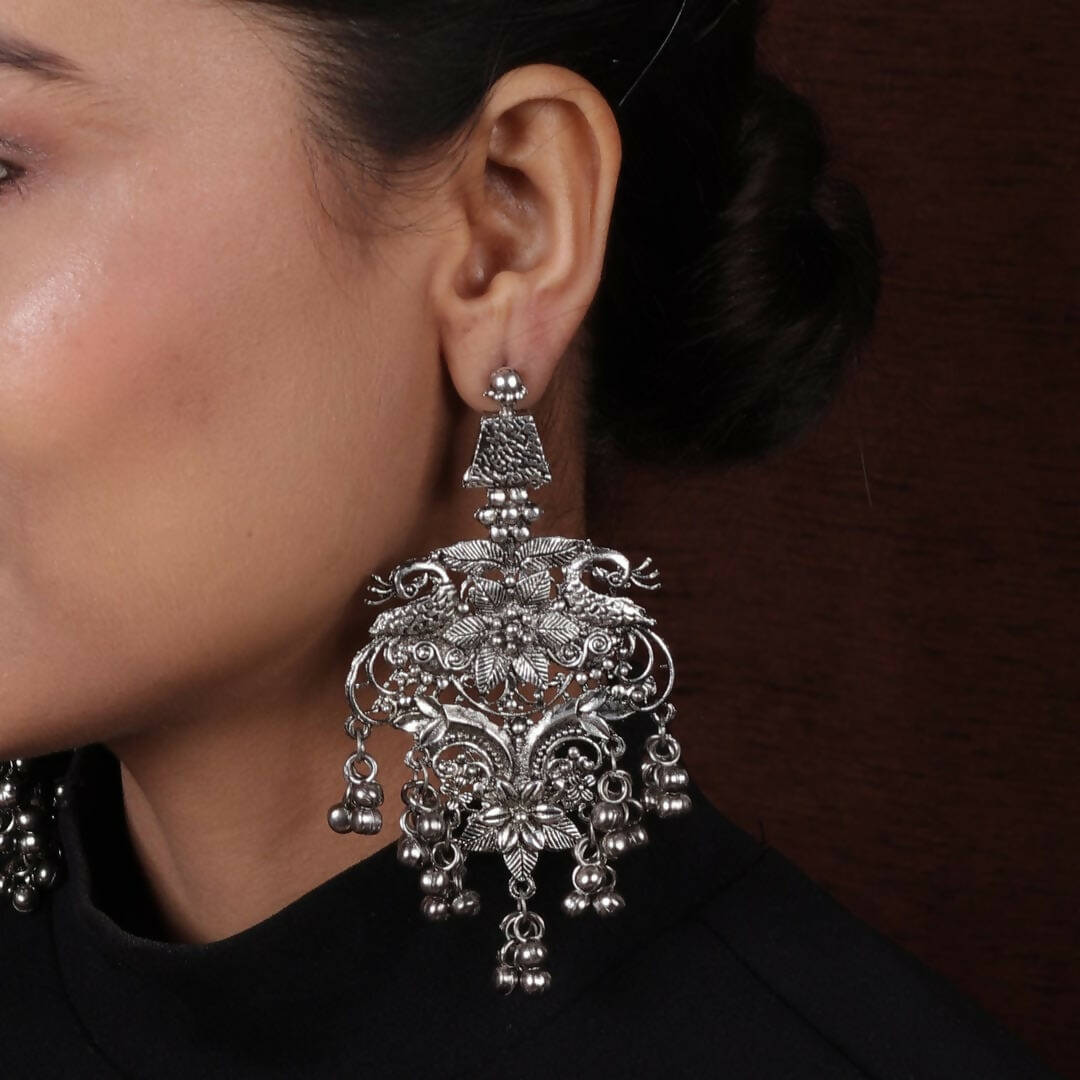 Silver-Plated Peacock Drop Earrings Oxidised Statement Jewelry