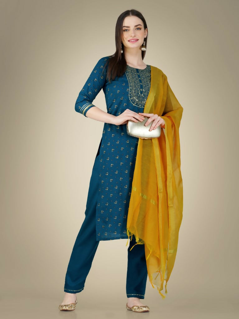 Jyoti Fashion Women's Morpich Cotton Magic Slub Embroidery & Sequence work Kurta with Trouser & Dupatta