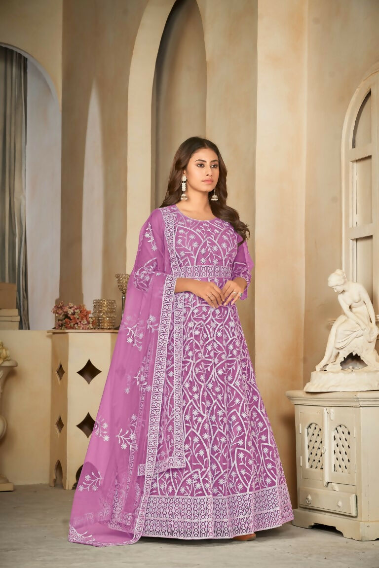 Women's Purple Net Embroidered Anarkali Kurta Pant Set with Dupatta