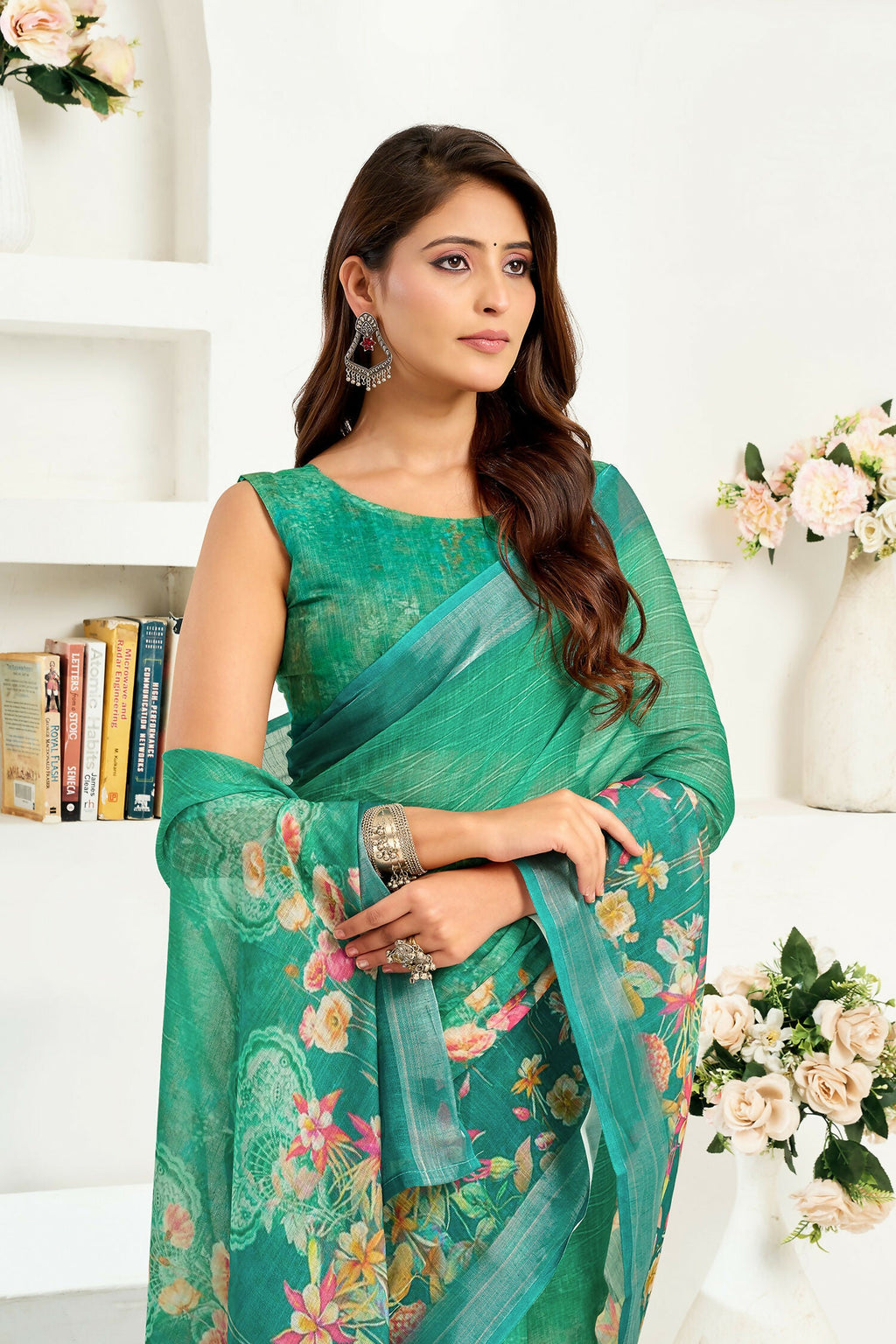 Rama Green Floral Linen Ready To Wear Saree with Blouse Piece