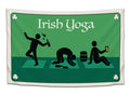 Close up of the Irish Yoga stick figure graphic on a green t-shirt