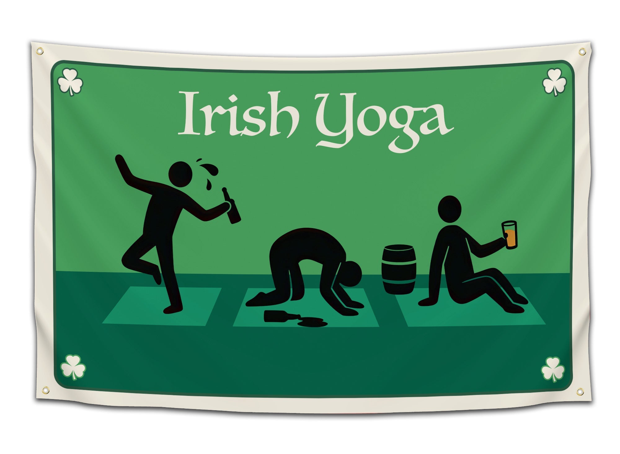 Close up of the Irish Yoga stick figure graphic on a green t-shirt