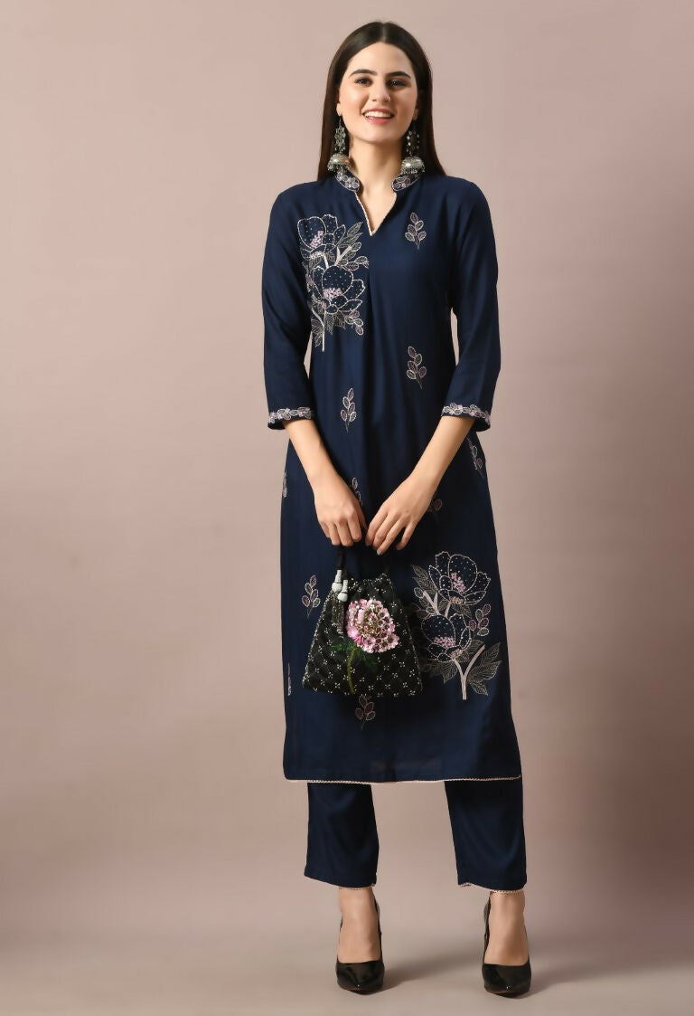 Navy Cotton Rayon Kurta Set - Comfortable 2 Piece Daily Wear
