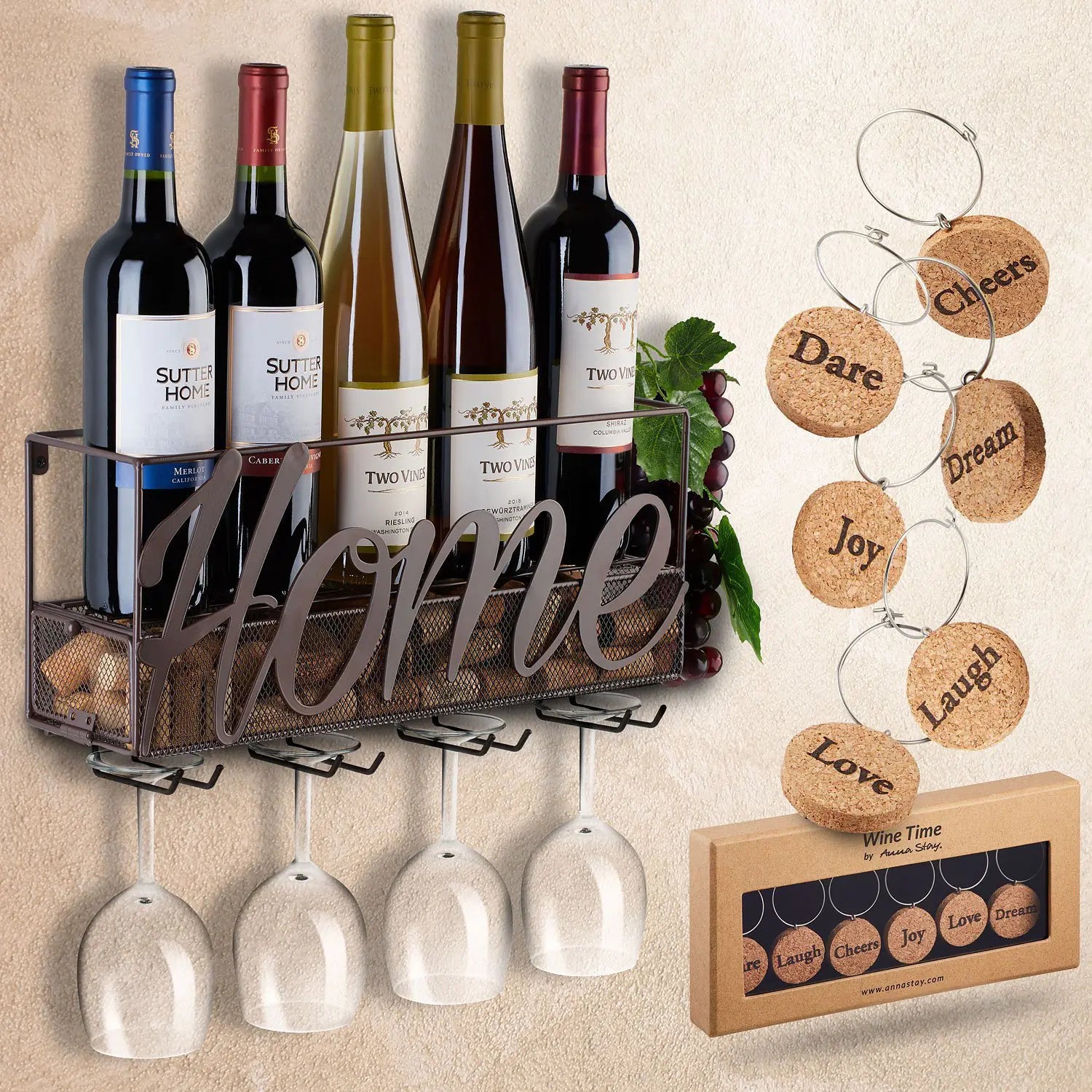 Vintage Iron Wall-Mounted Wine Rack and Glass Holder