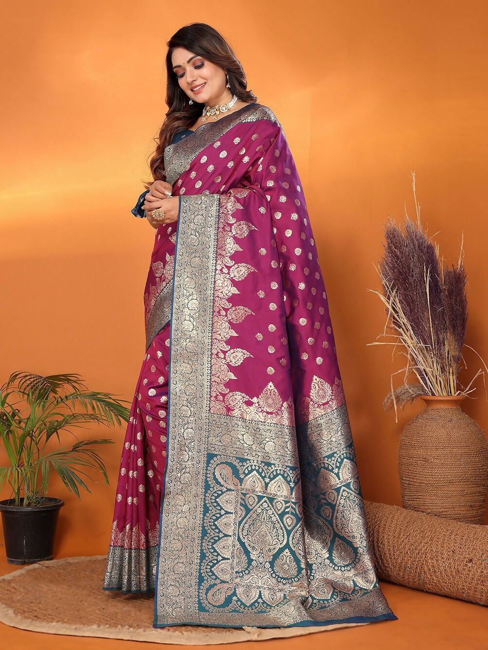 Banarasi Magenta Woven Soft Silk Saree with Matching Blouse