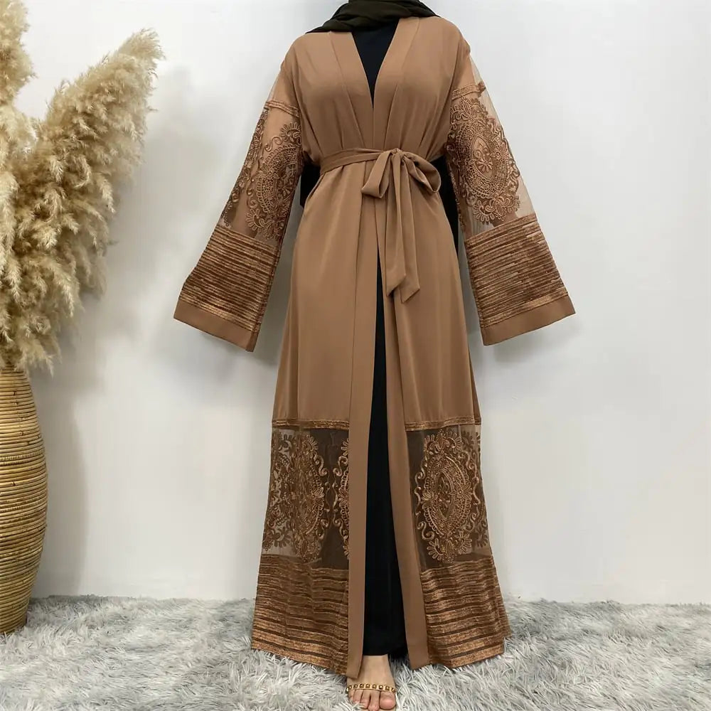 Embroidered Mesh Cardigan Robe Dress