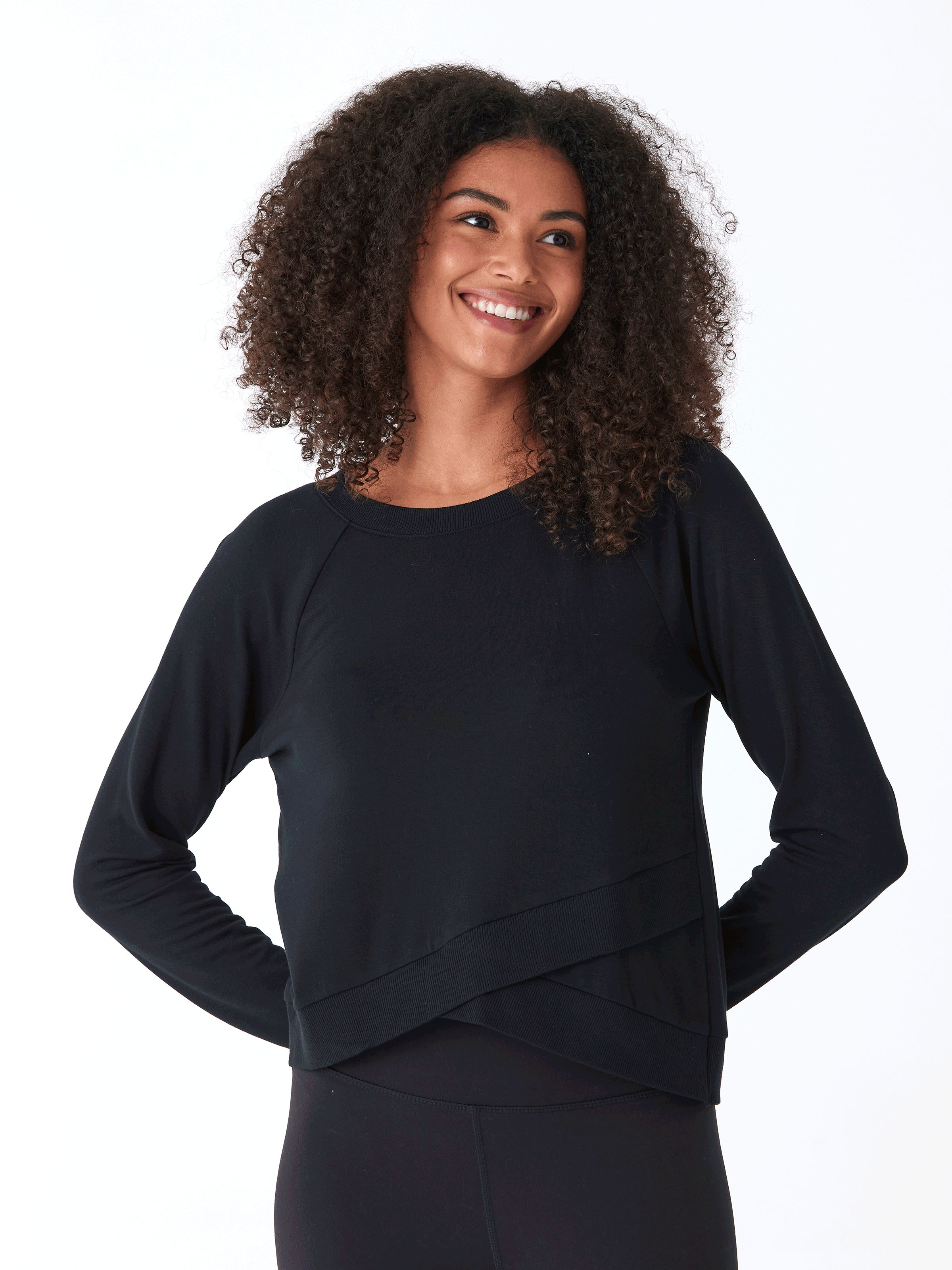 Halle Feather Fleece Crossover Hem Top in Black
