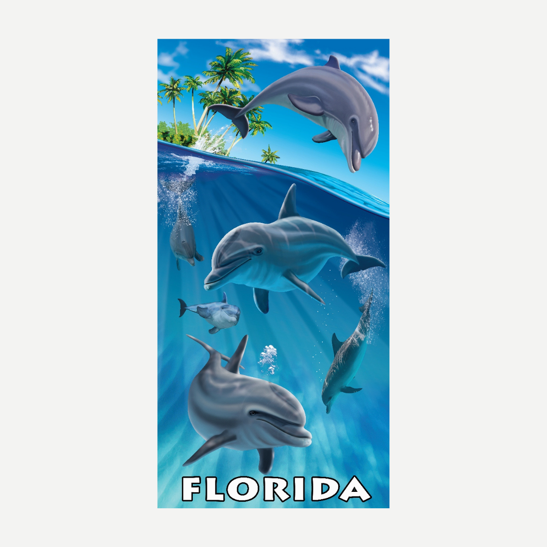 A colorful beach towel with a graphic design of dolphins swimming in turquoise water with a palm tree background and Florida written at the bottom.