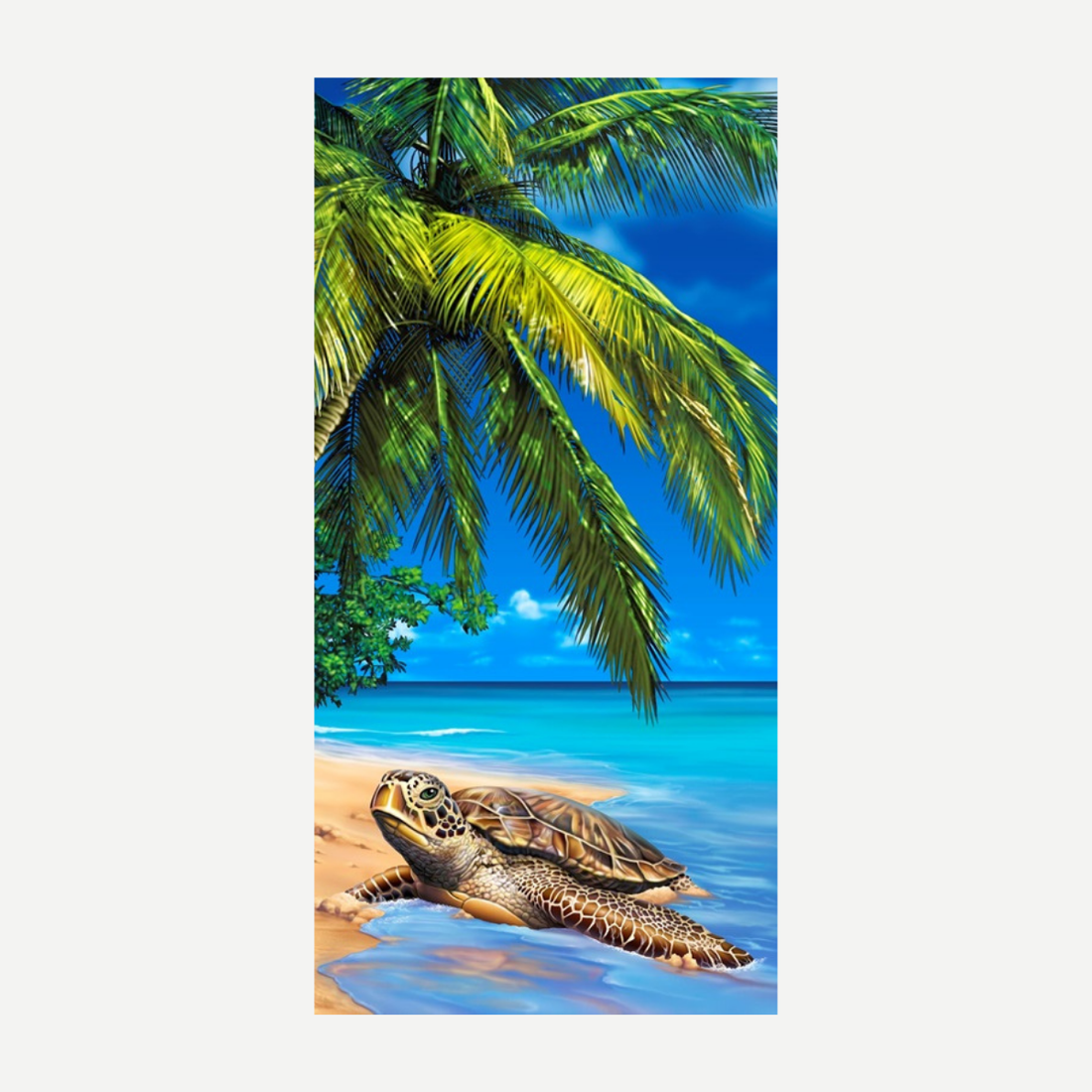 Colorful beach towel featuring a sea turtle on a sandy beach with palm trees against a blue sky.